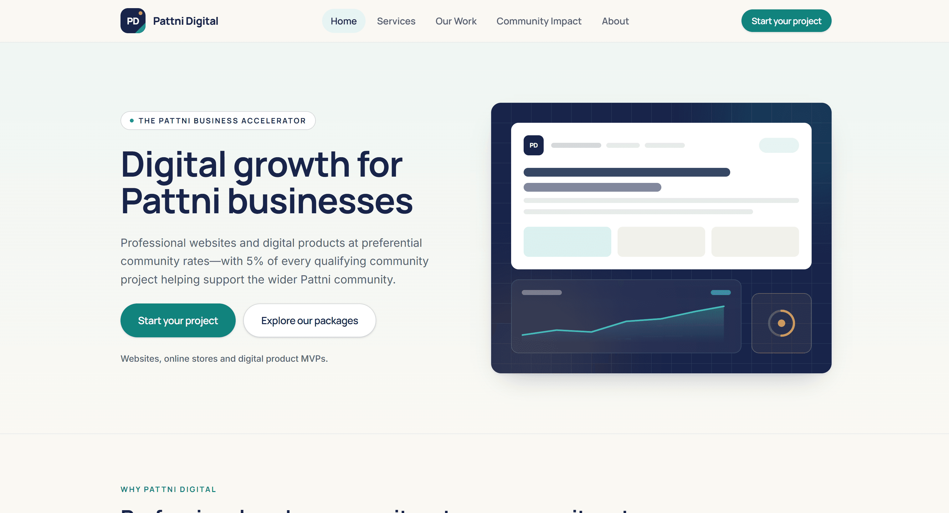 The Pattni Digital homepage, with navigation for services, work, community impact and about, and a “Start your project” action.