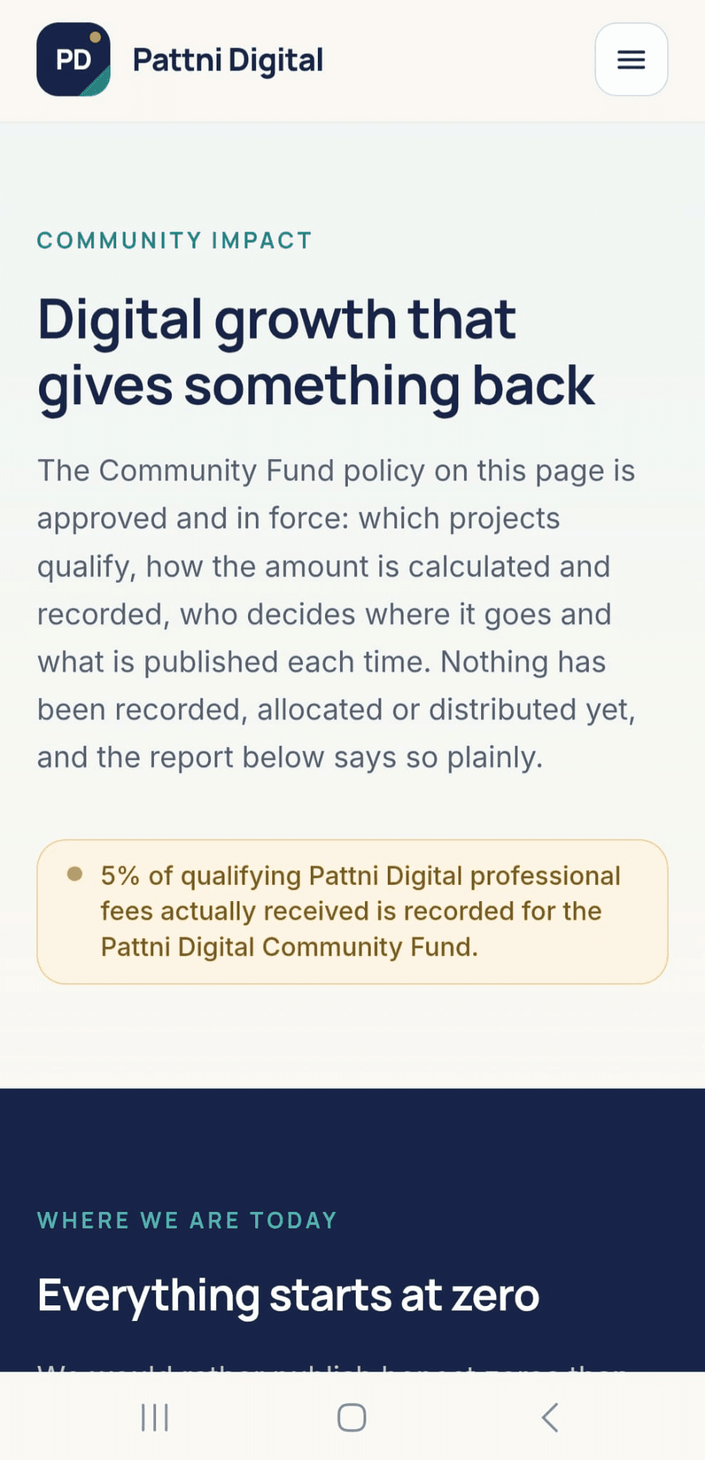The Community Impact page on a mobile screen, showing the Community Fund contribution statement and the opening of the section explaining that every figure starts at zero.