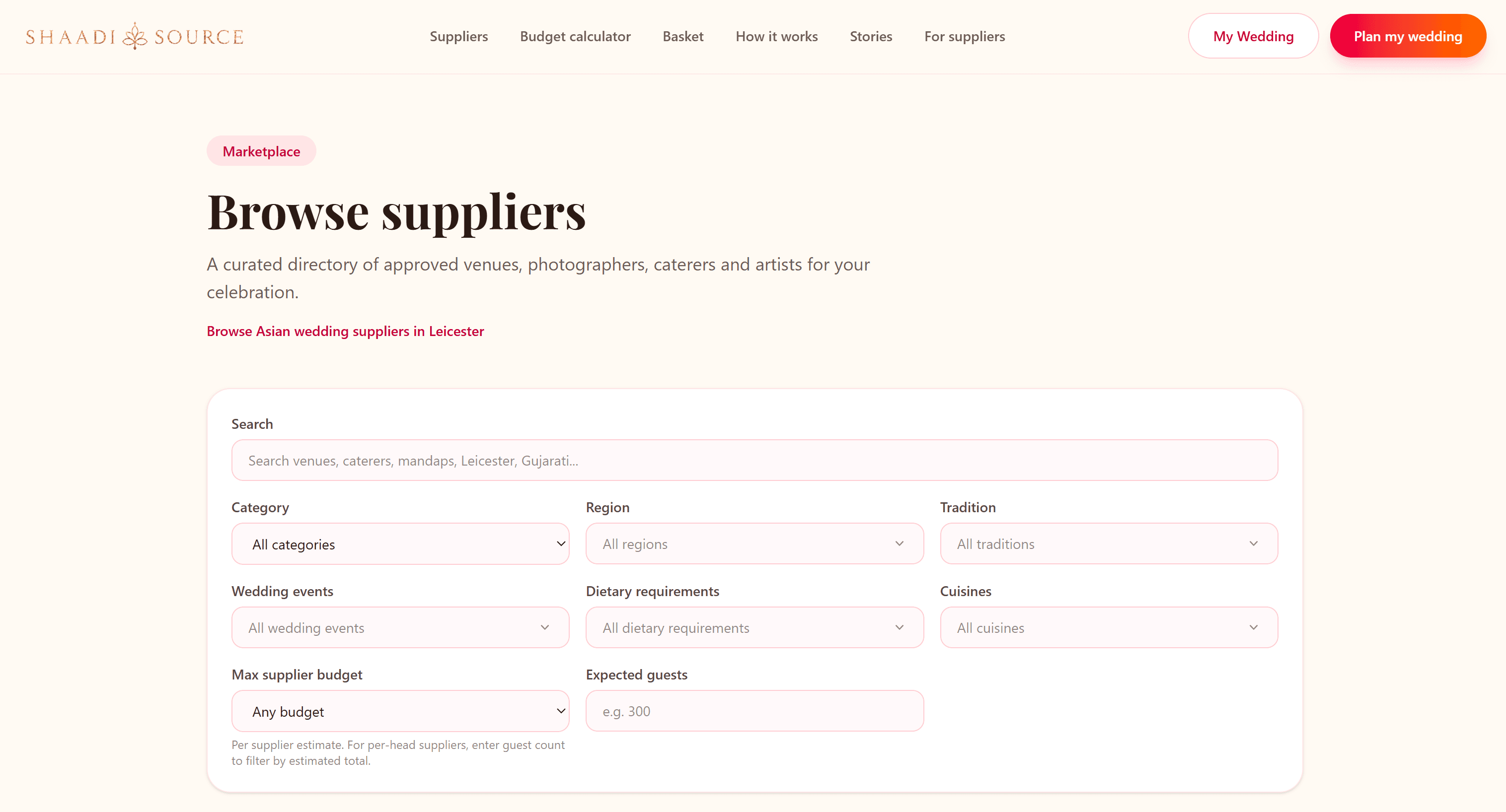 The Shaadi Source supplier browsing page on desktop, with a keyword search box above filters for category, region, tradition, wedding events, dietary requirements, cuisines, supplier budget and expected guests.