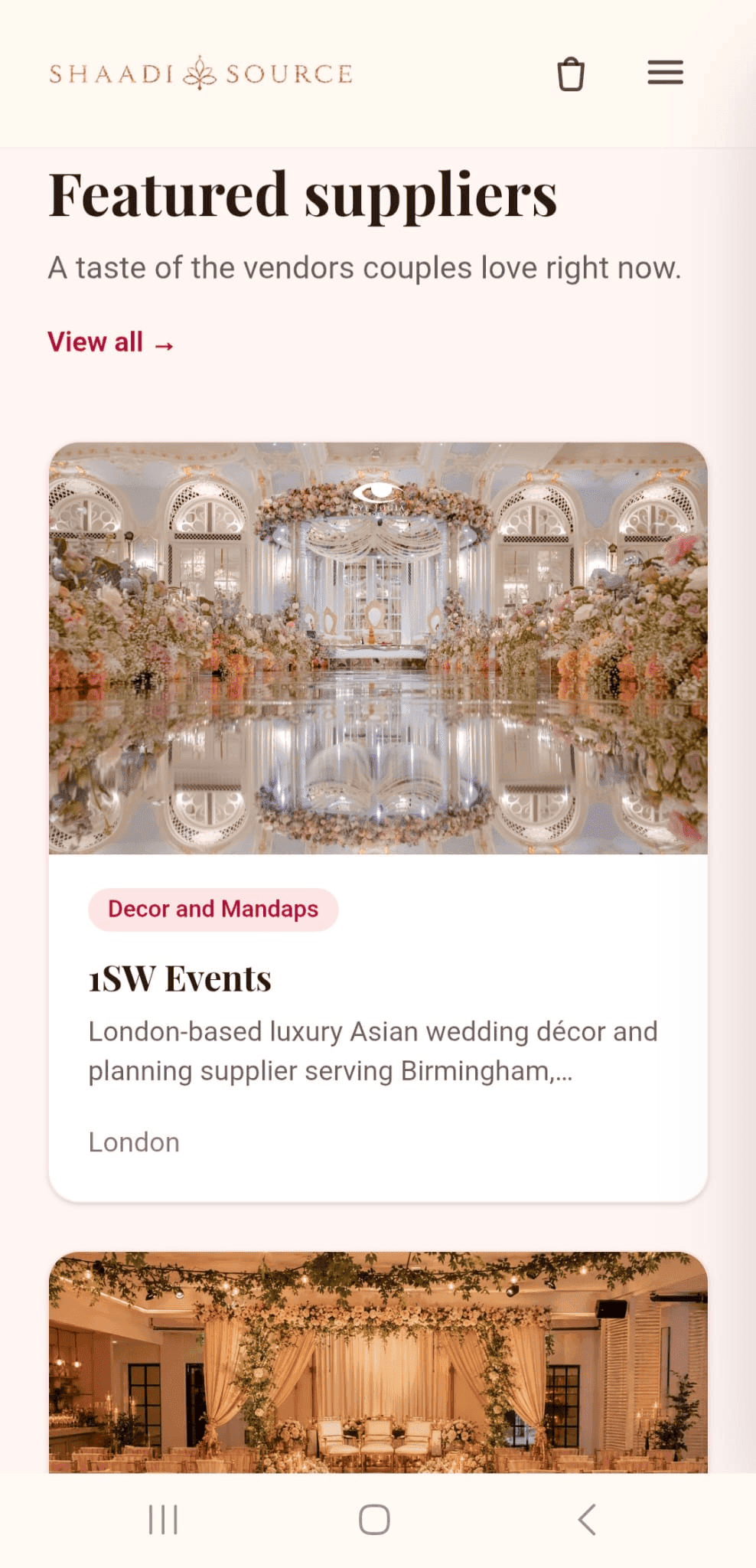 A featured-suppliers list on a mobile screen, where each supplier card carries a photograph, a category label, a short description and a location.